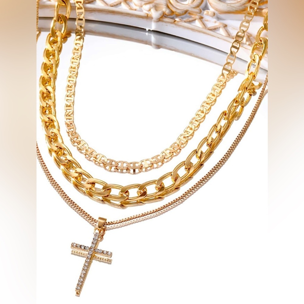 Gold‎ Tone Layered Cross Necklace - Picture 3 of 4